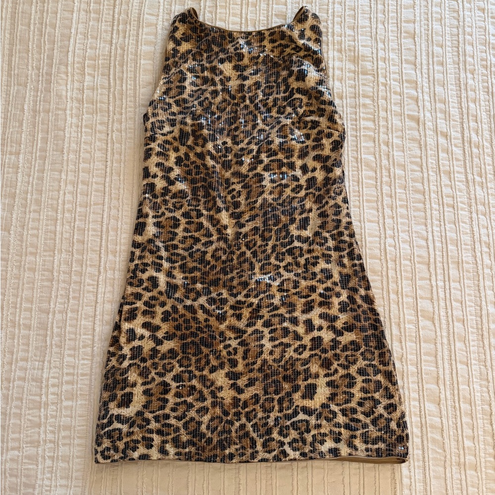 PRINCESS POLLY Tan and Black Leopard Sequins Tank Dress
